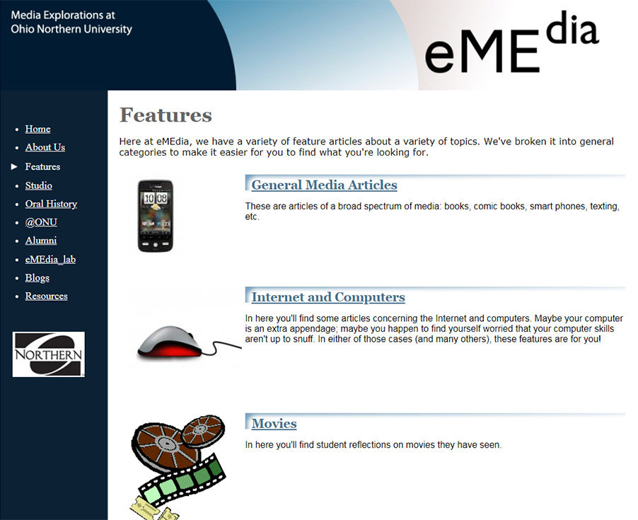 ONU Student Media Website Features page